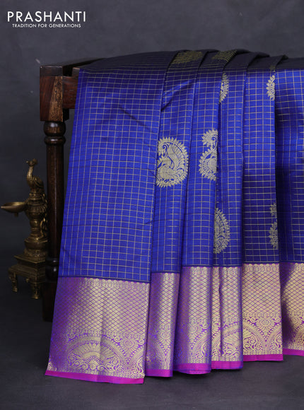 Pure kanchipuram silk saree blue and purple with allover zari checks & paisley butts and zari woven border