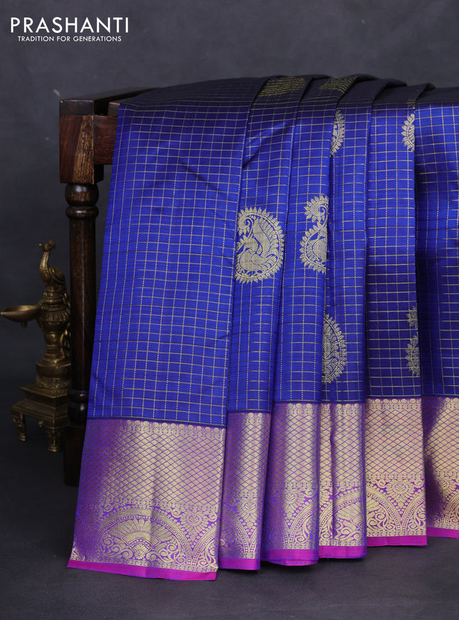 Pure kanchipuram silk saree blue and purple with allover zari checks & paisley butts and zari woven border