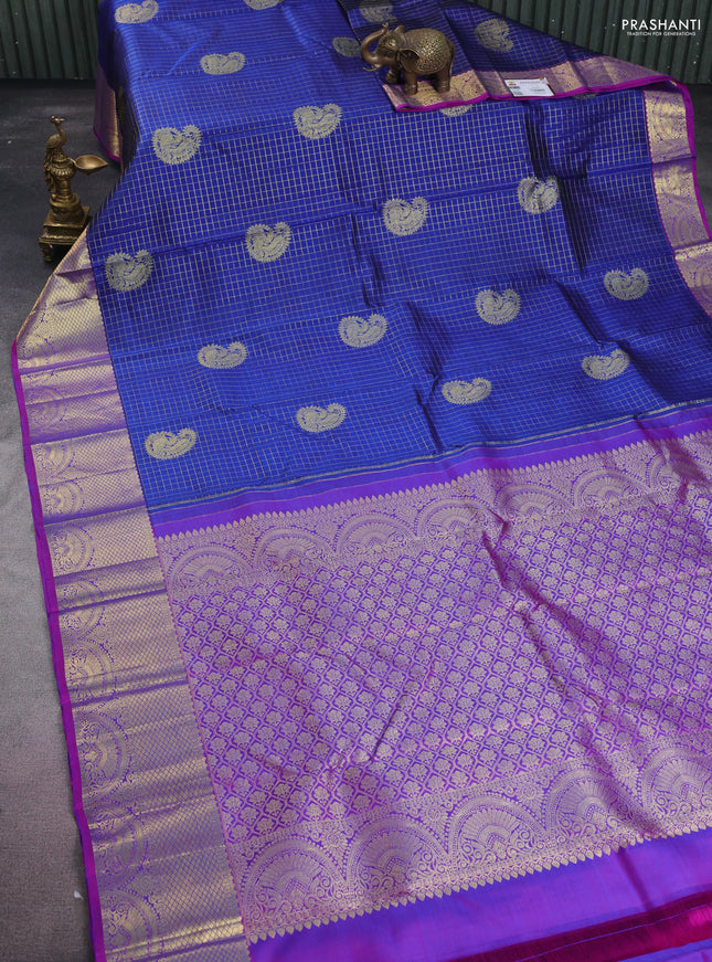 Pure kanchipuram silk saree blue and purple with allover zari checks & paisley butts and zari woven border