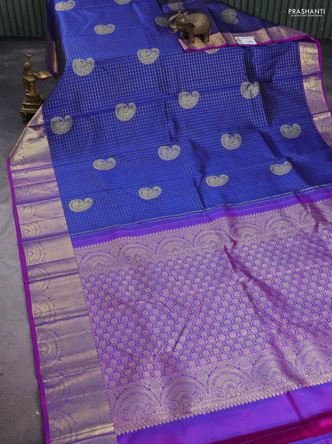 Pure kanchipuram silk saree blue and purple with allover zari checks & paisley butts and zari woven border