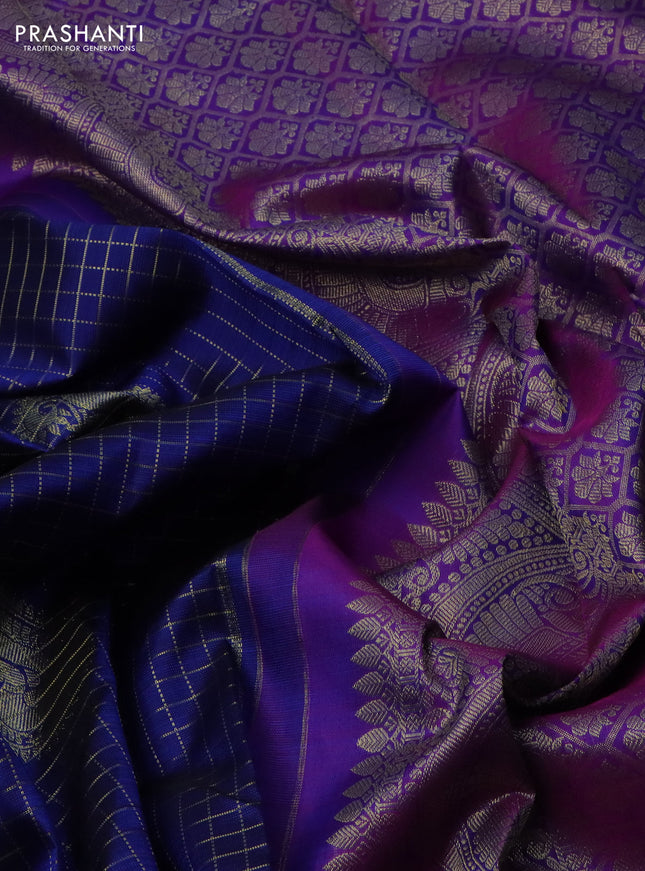 Pure kanchipuram silk saree blue and purple with allover zari checks & paisley butts and zari woven border