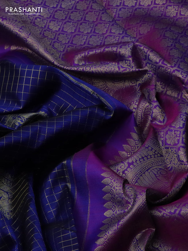 Pure kanchipuram silk saree blue and purple with allover zari checks & paisley butts and zari woven border
