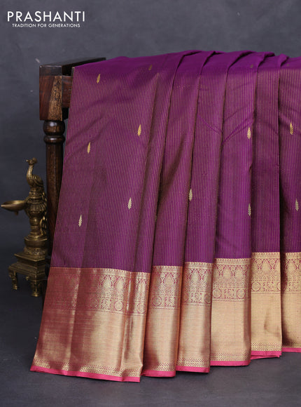 Pure kanchipuram silk saree deep purple and maroon with allover zari woven stripes pattern and zari woven border