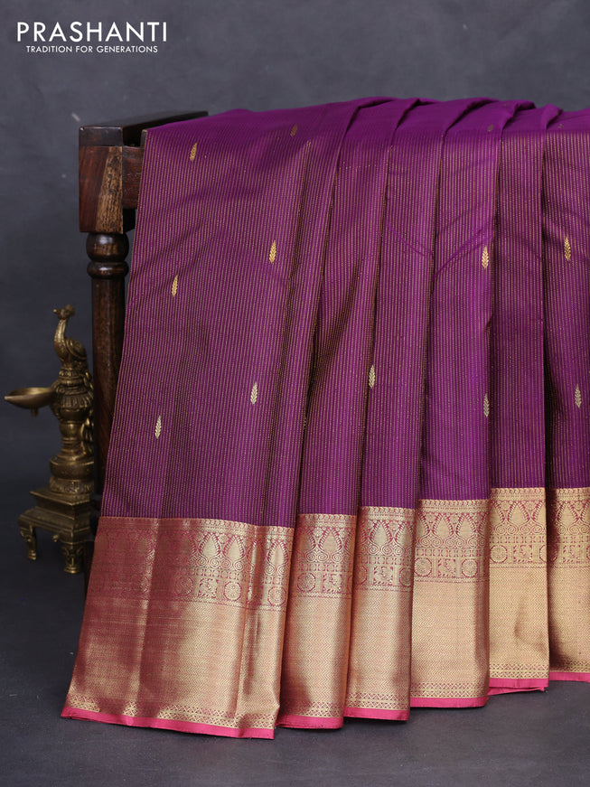 Pure kanchipuram silk saree deep purple and maroon with allover zari woven stripes pattern and zari woven border