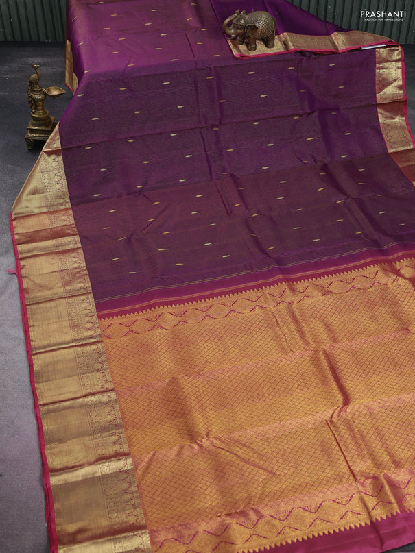 Pure kanchipuram silk saree deep purple and maroon with allover zari woven stripes pattern and zari woven border
