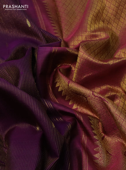 Pure kanchipuram silk saree deep purple and maroon with allover zari woven stripes pattern and zari woven border
