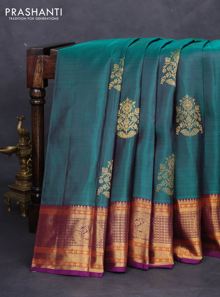 Pure kanchipuram silk saree peacock green and deep purple with zari woven buttas and zari woven border