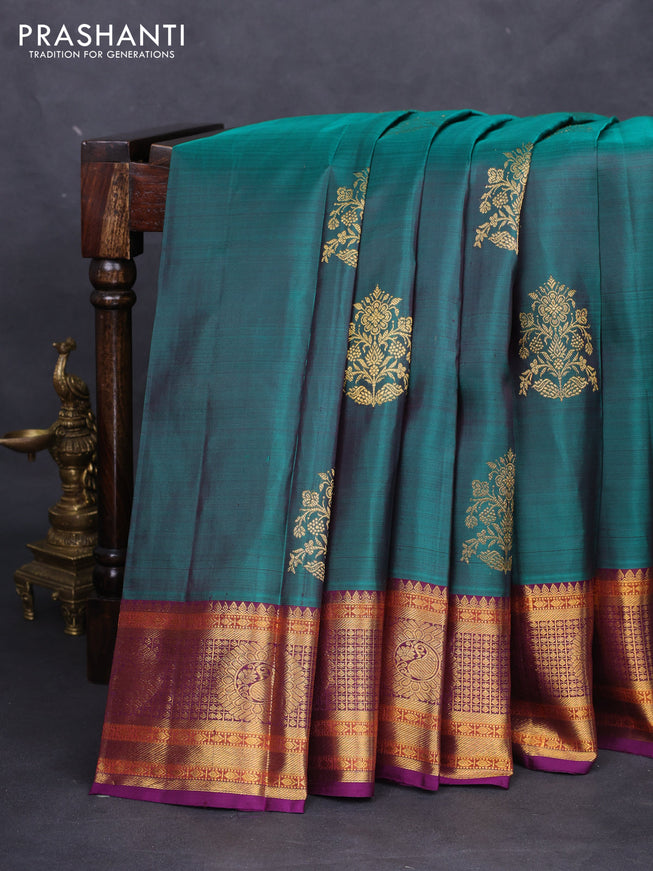 Pure kanchipuram silk saree peacock green and deep purple with zari woven buttas and zari woven border
