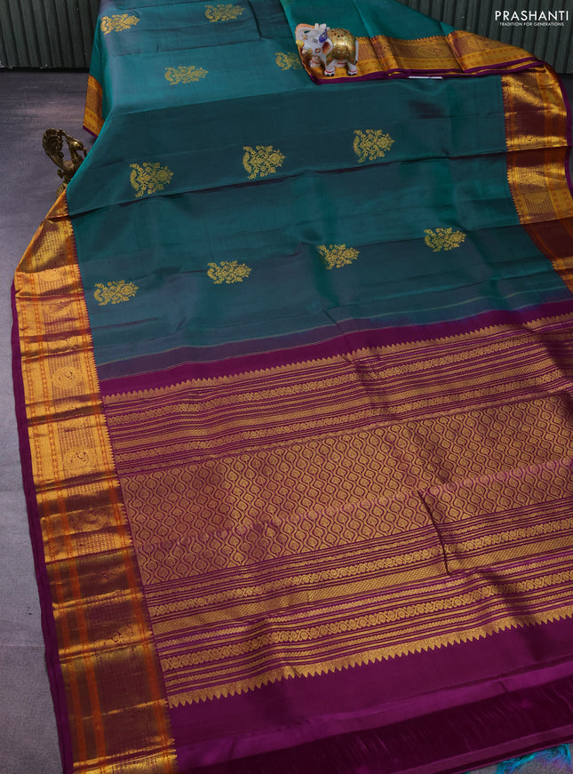 Pure kanchipuram silk saree peacock green and deep purple with zari woven buttas and zari woven border