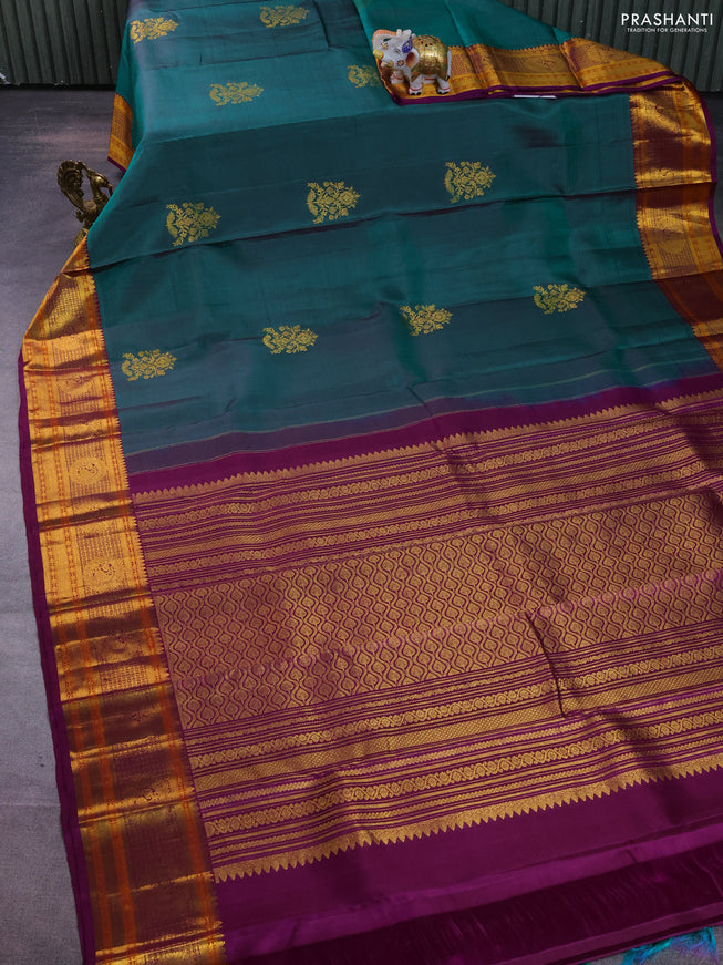 Pure kanchipuram silk saree peacock green and deep purple with zari woven buttas and zari woven border