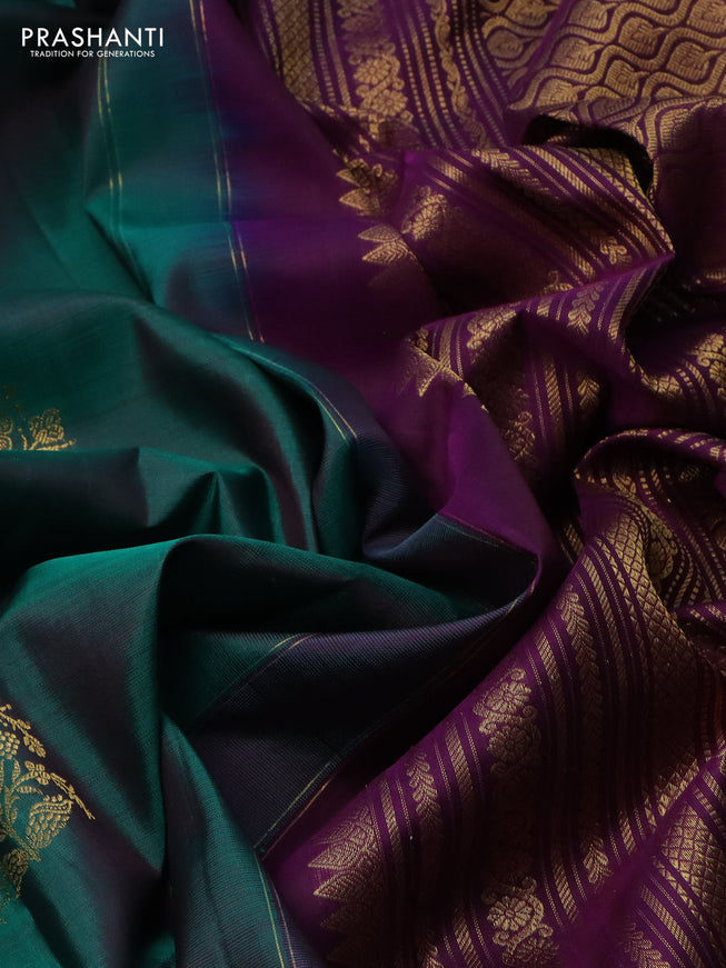 Pure kanchipuram silk saree peacock green and deep purple with zari woven buttas and zari woven border