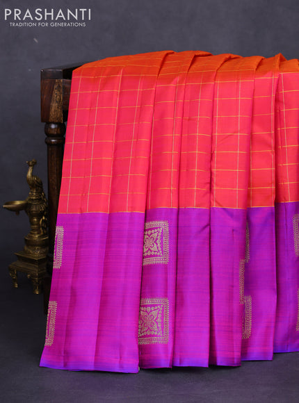 Pure kanchipuram silk saree dual shade of pinkish orange and purple with zari woven buttas and zari woven box type butta border