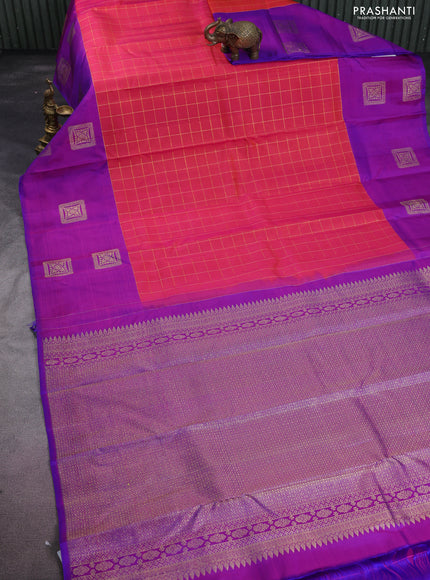 Pure kanchipuram silk saree dual shade of pinkish orange and purple with zari woven buttas and zari woven box type butta border