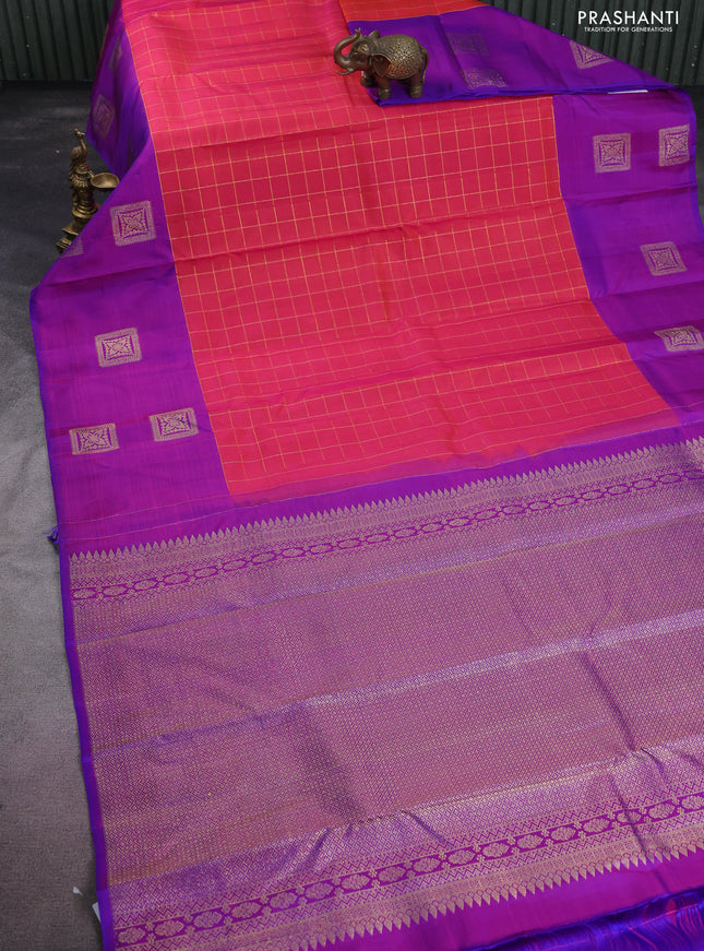 Pure kanchipuram silk saree dual shade of pinkish orange and purple with zari woven buttas and zari woven box type butta border