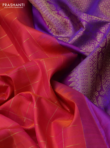 Pure kanchipuram silk saree dual shade of pinkish orange and purple with zari woven buttas and zari woven box type butta border