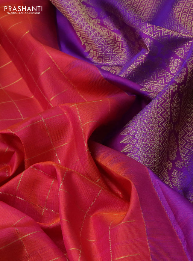 Pure kanchipuram silk saree dual shade of pinkish orange and purple with zari woven buttas and zari woven box type butta border