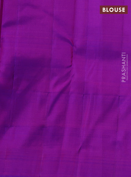 Pure kanchipuram silk saree dual shade of pinkish orange and purple with zari woven buttas and zari woven box type butta border