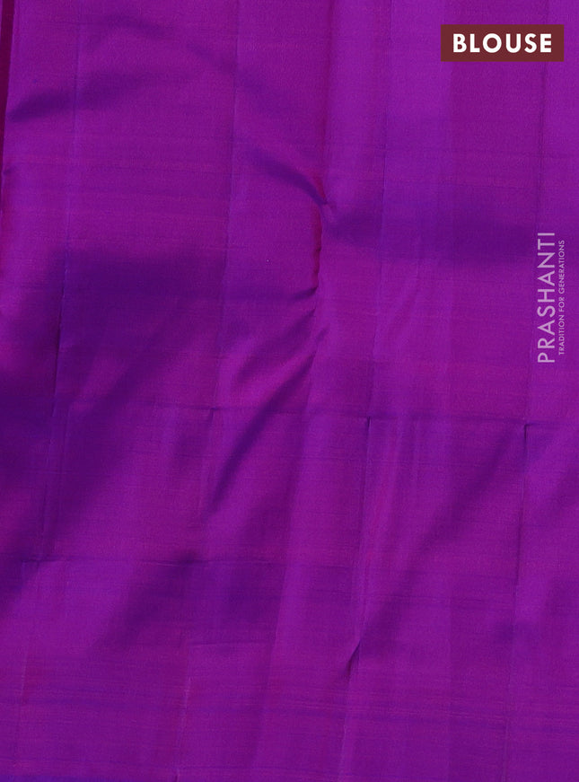 Pure kanchipuram silk saree dual shade of pinkish orange and purple with zari woven buttas and zari woven box type butta border