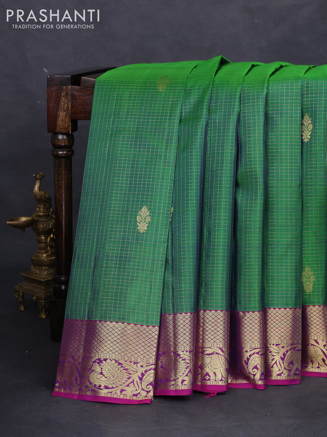Pure kanchipuram silk saree green and purple with allover small zari checks & buttas and zari woven border