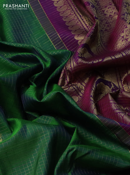 Pure kanchipuram silk saree green and purple with allover small zari checks & buttas and zari woven border