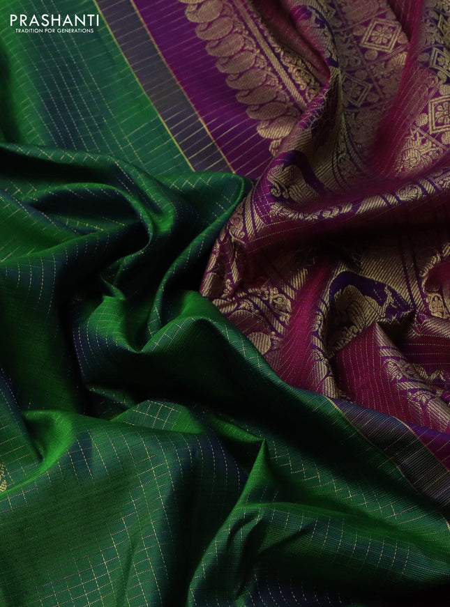 Pure kanchipuram silk saree green and purple with allover small zari checks & buttas and zari woven border