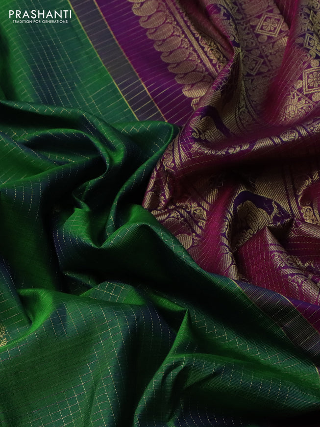 Pure kanchipuram silk saree green and purple with allover small zari checks & buttas and zari woven border