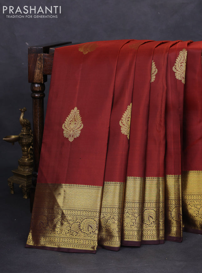 Pure kanchipuram silk saree rust shade and coffee brown with zari woven buttas and zari woven border