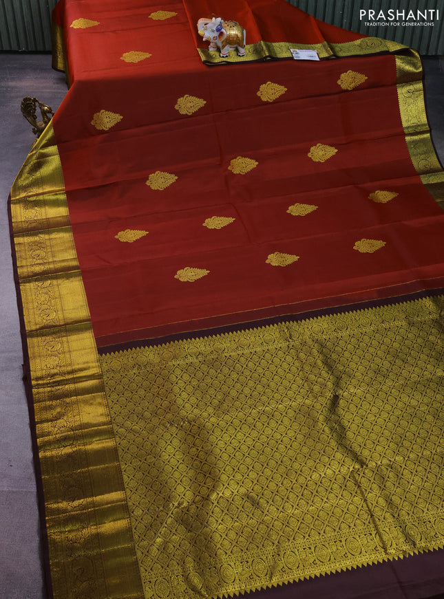 Pure kanchipuram silk saree rust shade and coffee brown with zari woven buttas and zari woven border