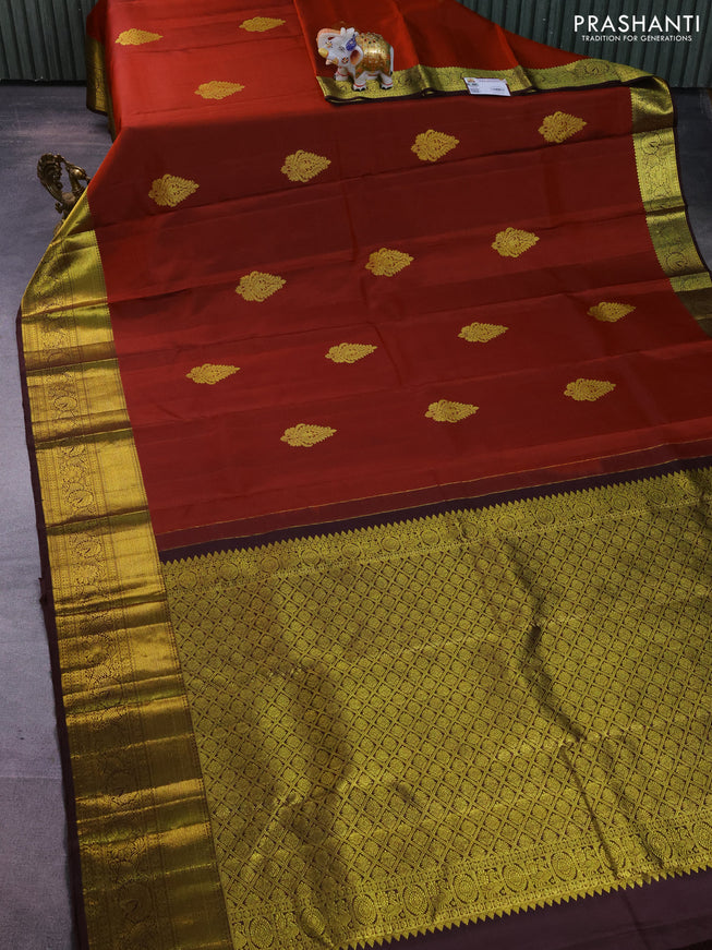 Pure kanchipuram silk saree rust shade and coffee brown with zari woven buttas and zari woven border