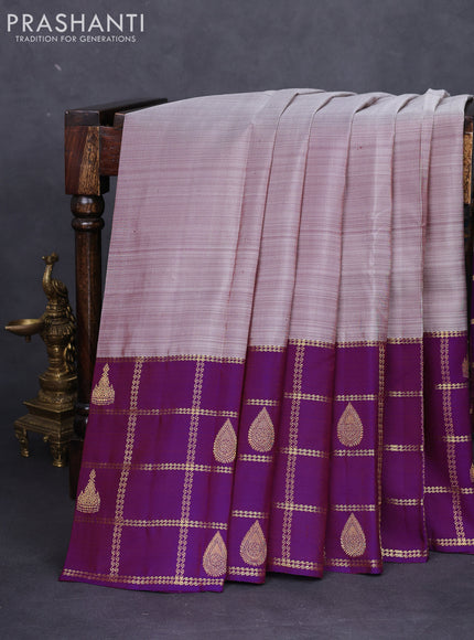 Pure kanchipuram silk saree grey and purple with plain body and zari checked butta border