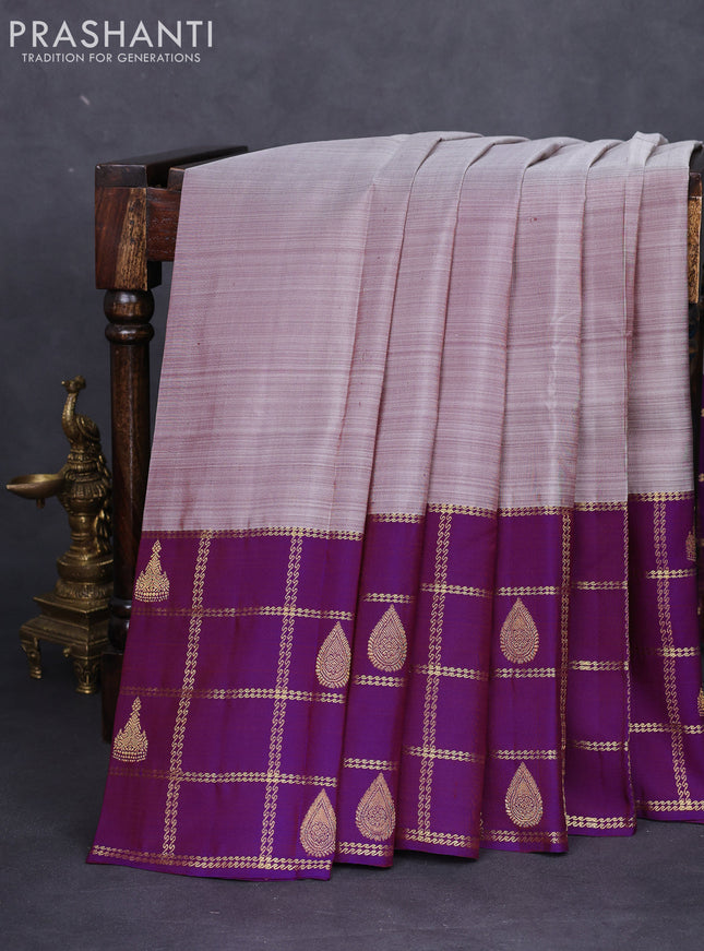 Pure kanchipuram silk saree grey and purple with plain body and zari checked butta border