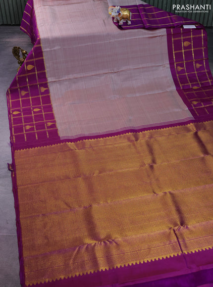 Pure kanchipuram silk saree grey and purple with plain body and zari checked butta border