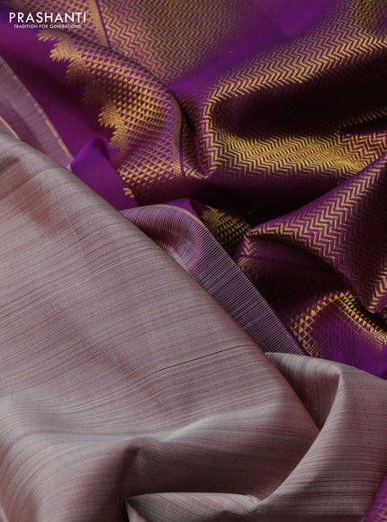 Pure kanchipuram silk saree grey and purple with plain body and zari checked butta border