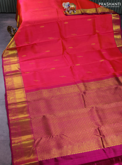 Pure kanchipuram silk saree dual shade of pinkish orange and purple with zari woven buttas and annam zari woven border