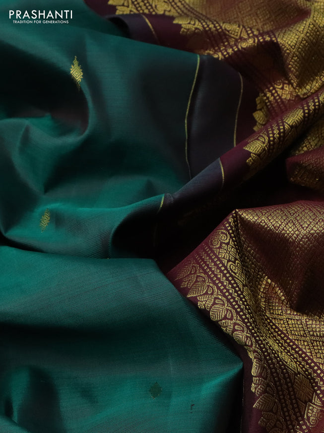 Pure kanchipuram silk saree peacock green and deep maroon with zari woven buttas and rettapet zari woven border