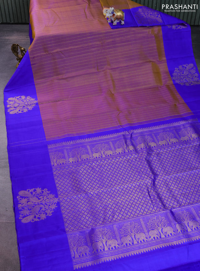 Pure kanchipuram silk saree dual shade of green and royal blue with allover zari weaves and zari woven butta border