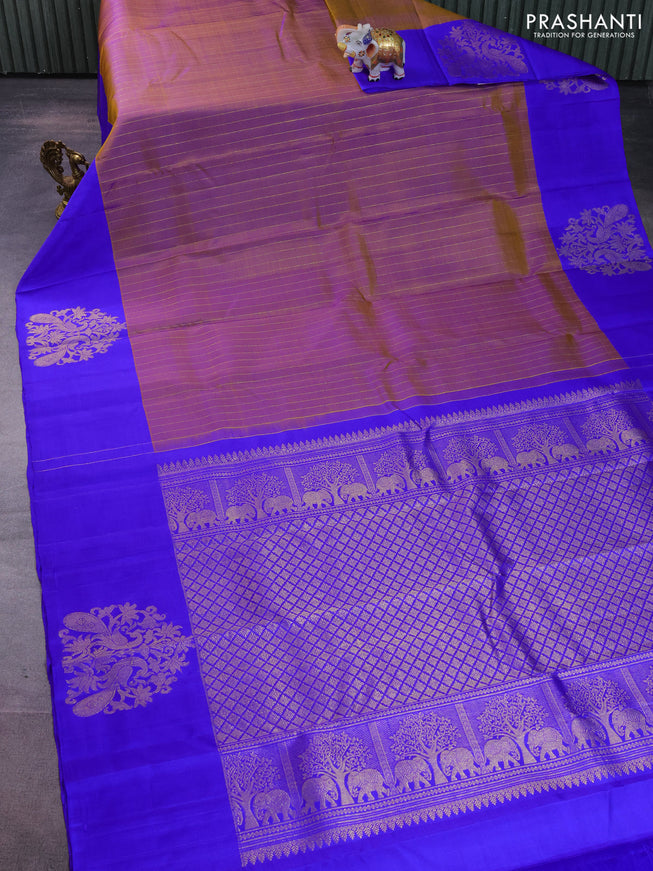 Pure kanchipuram silk saree dual shade of green and royal blue with allover zari weaves and zari woven butta border