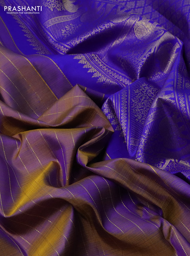 Pure kanchipuram silk saree dual shade of green and royal blue with allover zari weaves and zari woven butta border
