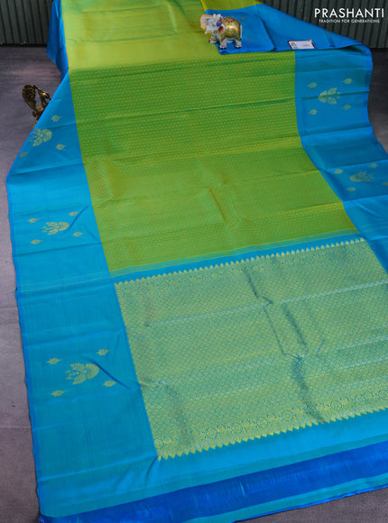 Pure kanchipuram silk saree light green and teal blue with allover zari weaves and zari woven butta border