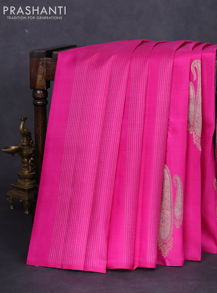 Pure kanchipuram silk saree pink with allover silver gold zari weaves & paisley buttas in borderless style