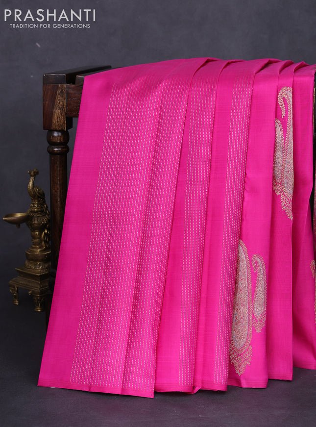 Pure kanchipuram silk saree pink with allover silver gold zari weaves & paisley buttas in borderless style