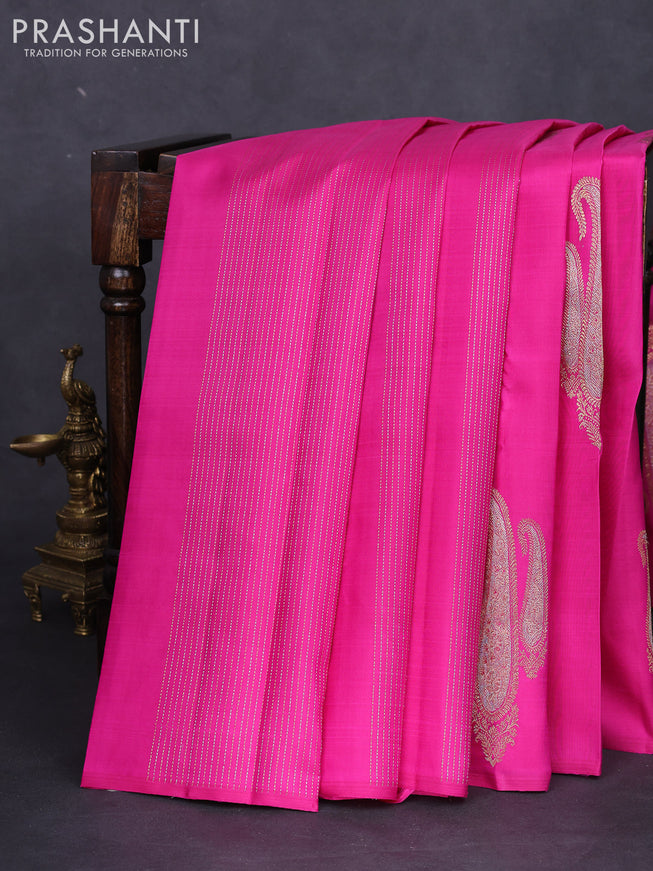 Pure kanchipuram silk saree pink with allover silver gold zari weaves & paisley buttas in borderless style