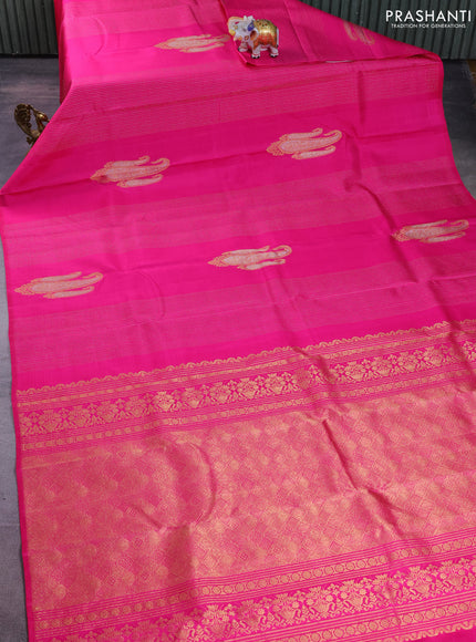 Pure kanchipuram silk saree pink with allover silver gold zari weaves & paisley buttas in borderless style