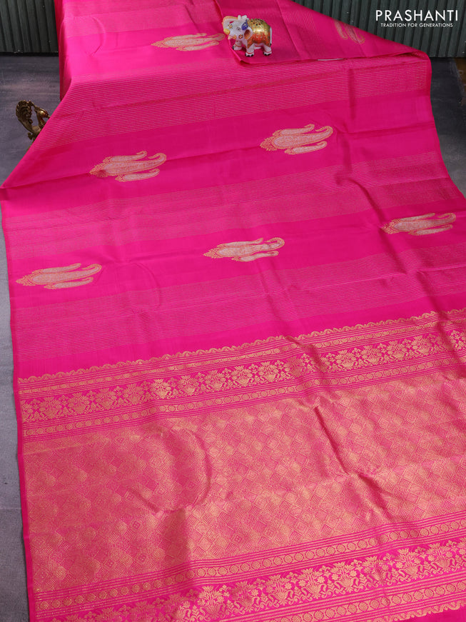 Pure kanchipuram silk saree pink with allover silver gold zari weaves & paisley buttas in borderless style