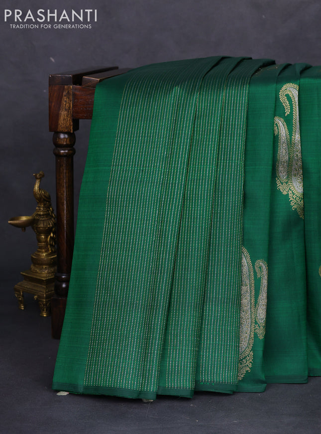 Pure kanchipuram silk saree green with allover silver gold zari weaves & paisley buttas in borderless style