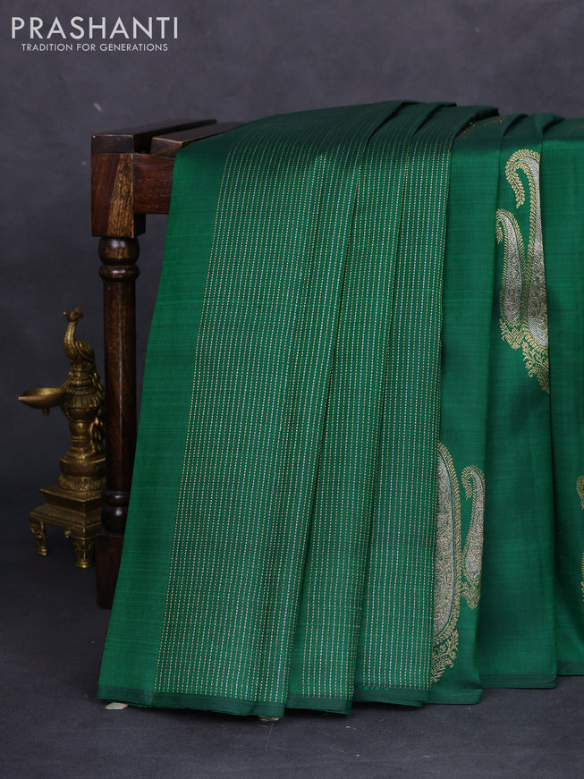 Pure kanchipuram silk saree green with allover silver gold zari weaves & paisley buttas in borderless style