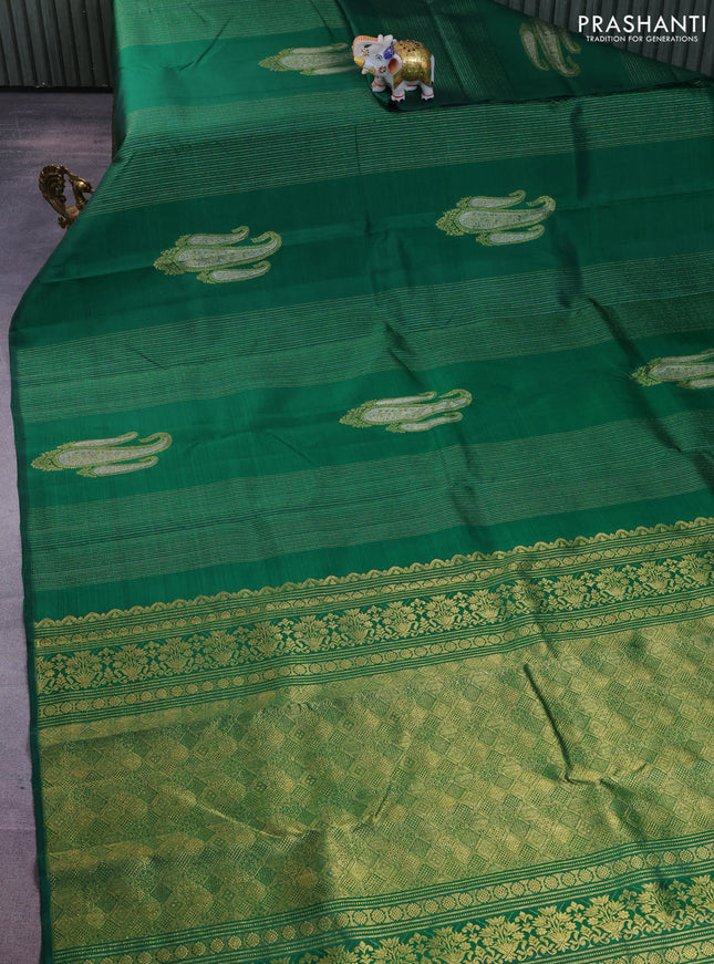 Pure kanchipuram silk saree green with allover silver gold zari weaves & paisley buttas in borderless style