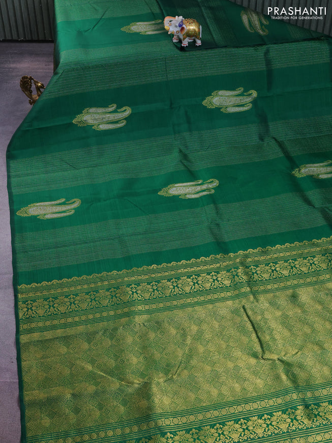 Pure kanchipuram silk saree green with allover silver gold zari weaves & paisley buttas in borderless style