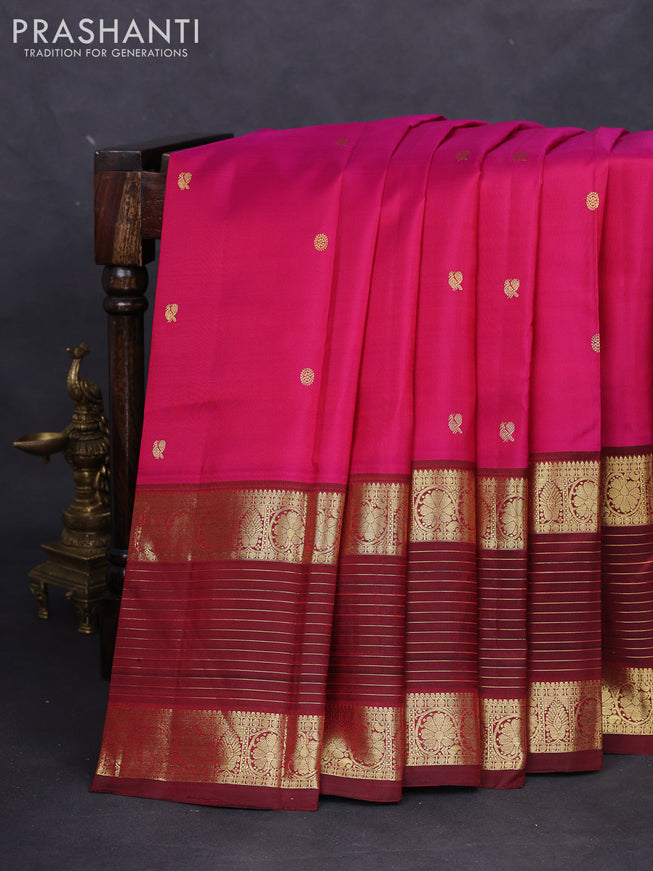 Pure kanchipuram silk saree pink and maroon with zari woven buttas and long zari woven border