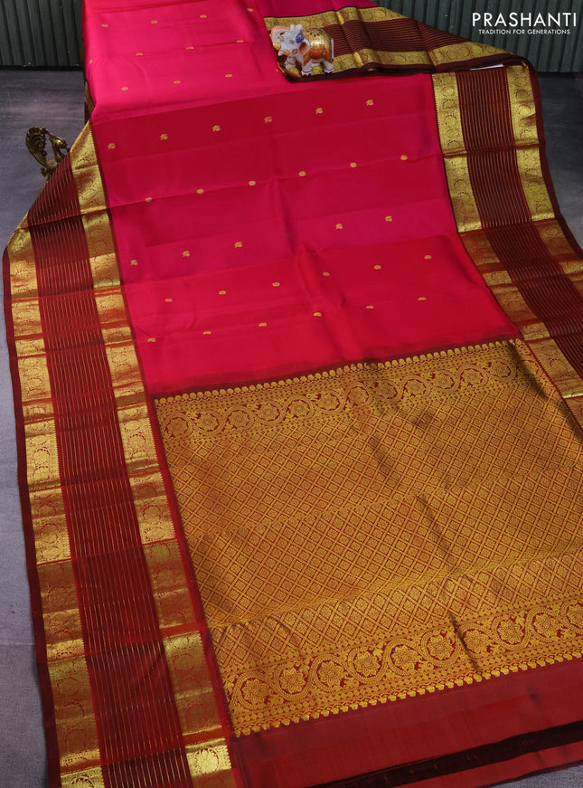 Pure kanchipuram silk saree pink and maroon with zari woven buttas and long zari woven border